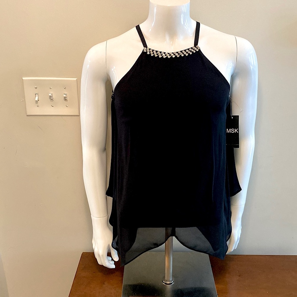 MSK, Black, Size Medium, Tank Top/ Sleeveless Blouse, Jeweled Neck-Line.